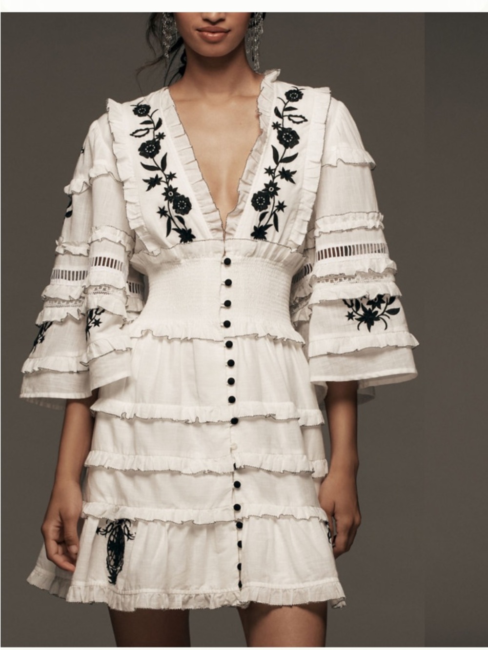 Anthropologie Embroidered Tiered Mini Dress in White with Black Accents
